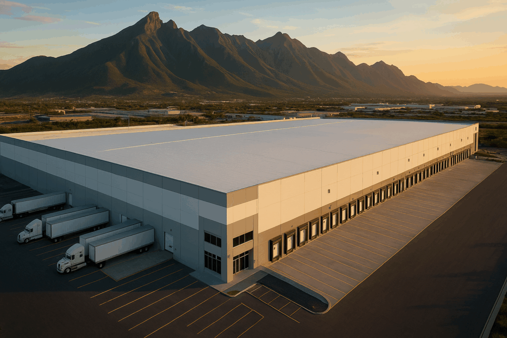 Vista aérea de nave industrial Clase A con altura libre superior a 9 metros, múltiples andenes de carga y techumbre moderna en Monterrey, Nuevo León