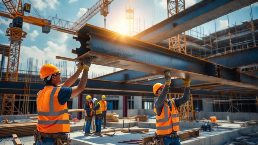 Trabajadores realizando el montaje de vigas metálicas en una obra en construcción, con grúas y estructuras al fondo.