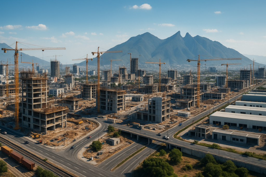 Panorámica de Monterrey en expansión, con grúas activas, edificios en construcción y montañas al fondo.