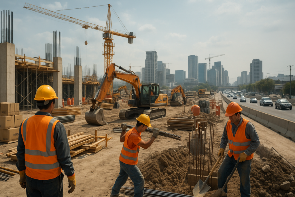 Sitio de construcción moderno en México con trabajadores activos, maquinaria pesada y ciudad en crecimiento al fondo.