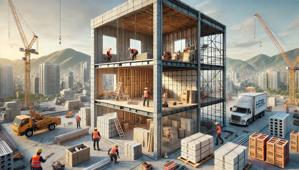 Escena comparativa de construcción en Monterrey mostrando instalación de tablaroca, bloques HEBEL y paneles SIP, con trabajadores y montañas al fondo.