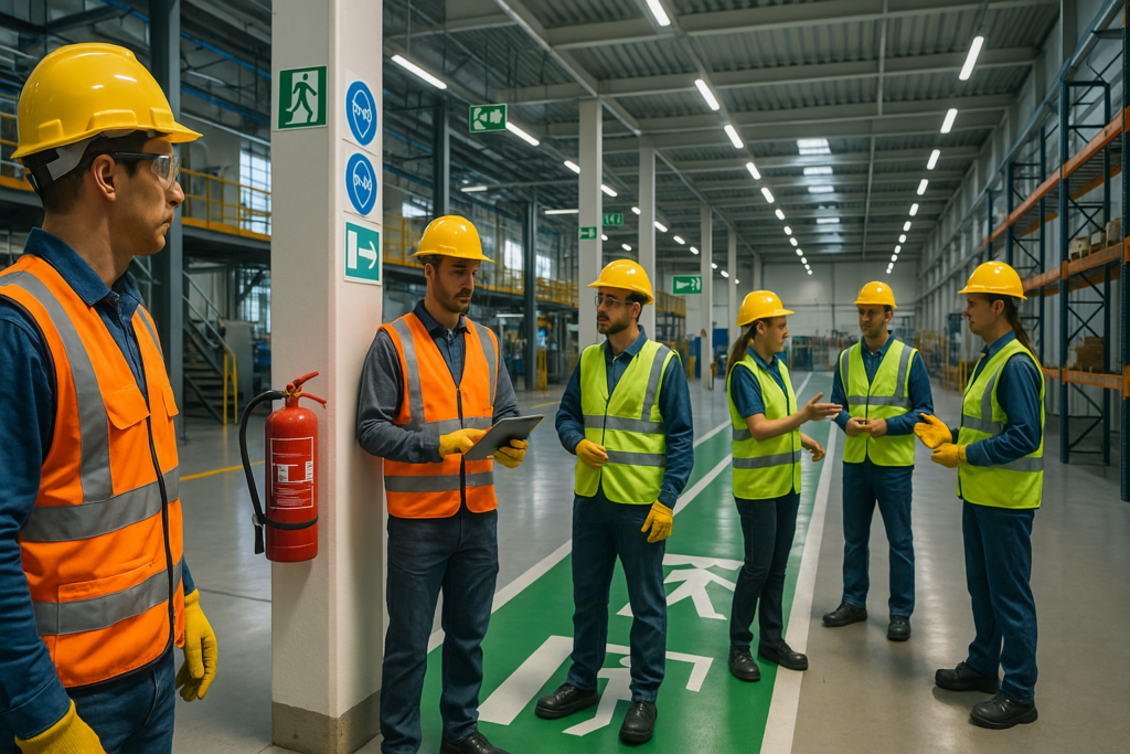 Personal en planta industrial con equipo de protección completo, señalización visible y rutas de evacuación marcadas.