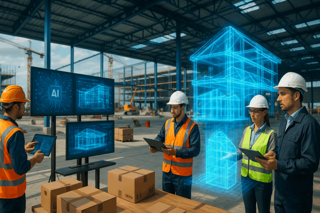 Supervisores en obra industrial revisando planos y modelos estructurales con ayuda de inteligencia artificial y visualización holográfica.