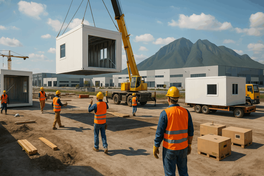 Instalación de estructuras modulares con grúa en obra industrial en Monterrey, con trabajadores en EPP y montañas al fondo.