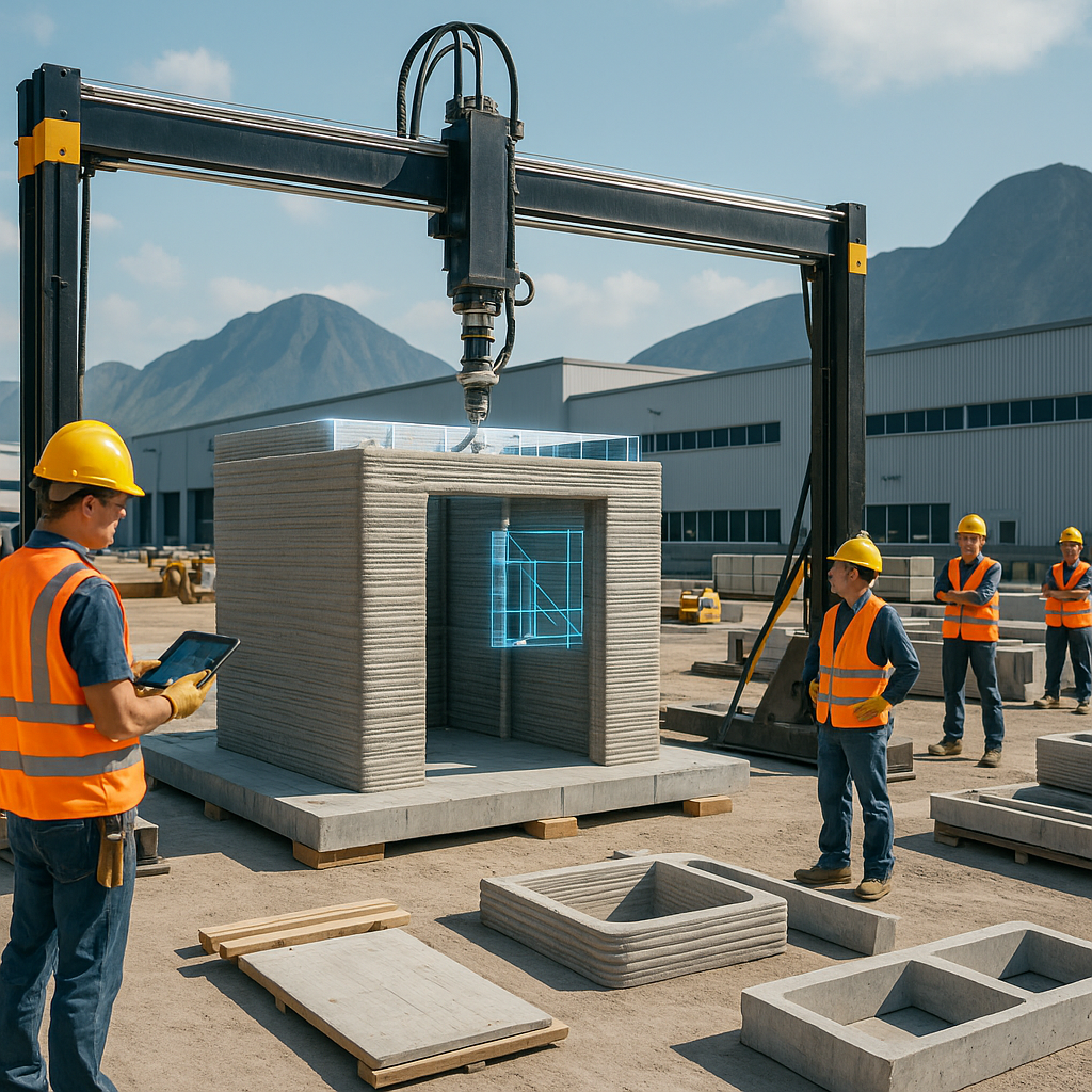 Impresora 3D construyendo estructura de concreto en obra industrial, con operarios supervisando y montañas al fondo.