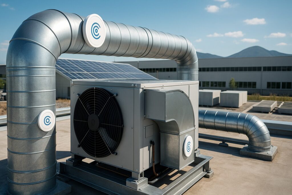 Sistema HVAC industrial con sensores IoT integrados y paneles solares al fondo sobre una nave moderna.