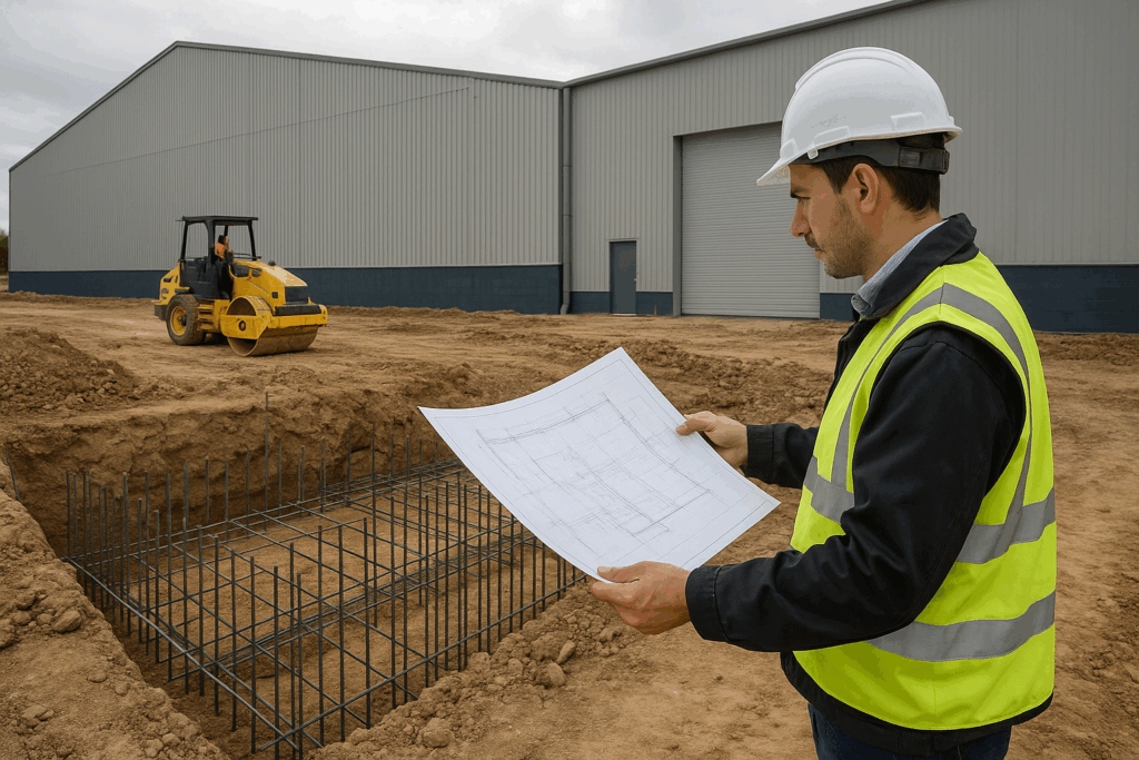 Nave industrial en construcción con excavación de cimentación, varillas, compactadora y un ingeniero revisando planos.