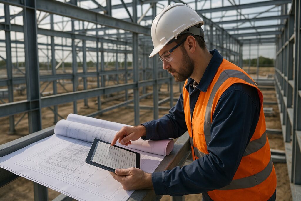Ingeniero con casco revisando planos y cantidades en una tablet sobre estructura metálica en construcción industrial