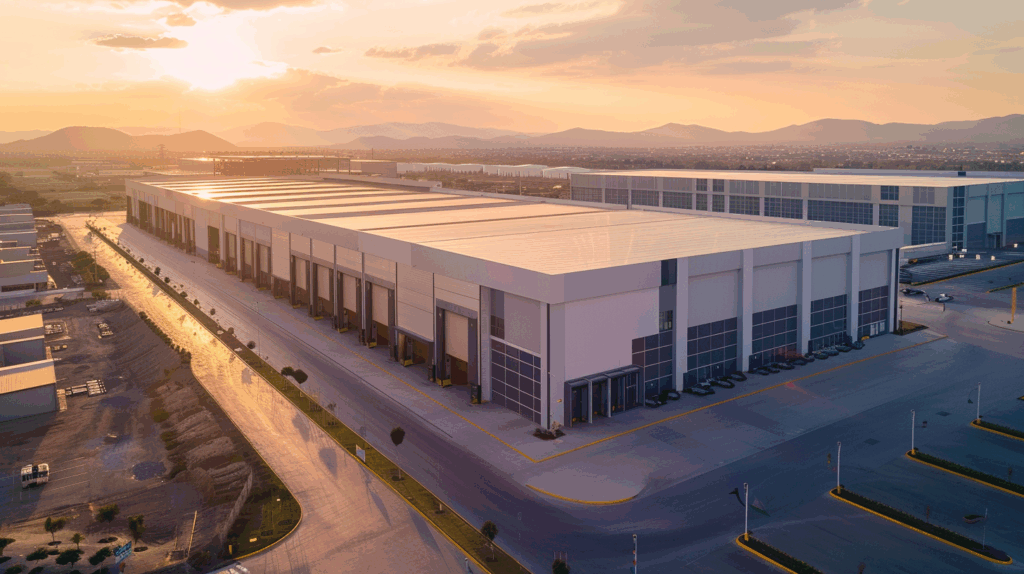 Naves industriales modernas en México preparadas para nearshoring 2025 con banderas México-Estados Unidos