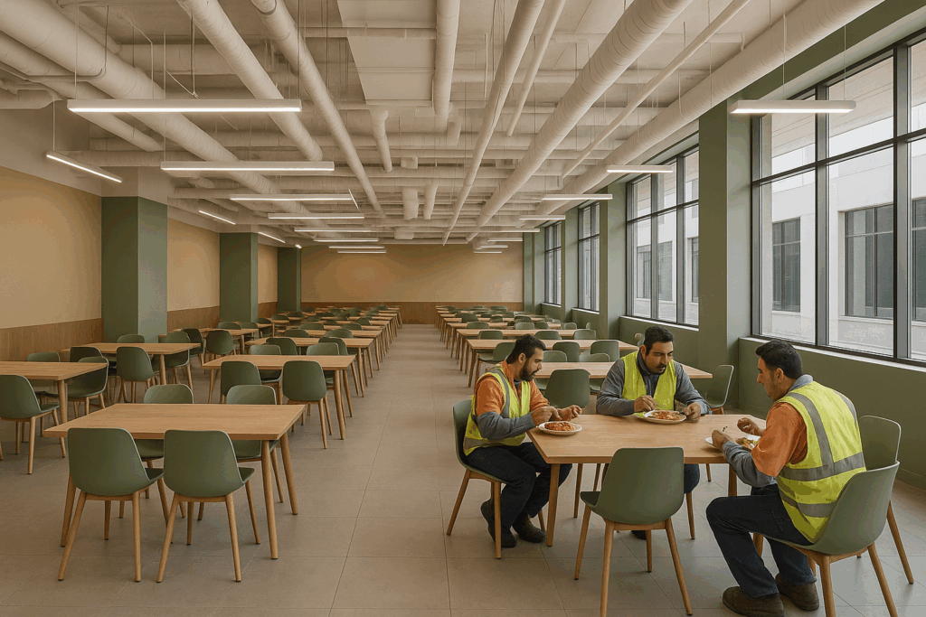 Comedores industriales modernos renovados con mesas de madera natural, sillas ergonómicas e iluminación LED en planta manufacturera mexicana