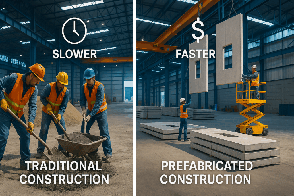 Comparativa visual de construcción tradicional vs prefabricada de naves industriales en México, mostrando diferencias en tiempo y costos