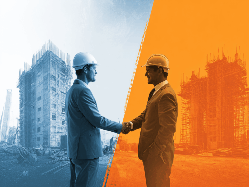 Comparación visual entre grandes constructoras corporativas y constructoras locales especializadas mostrando atención personalizada en proyectos industriales