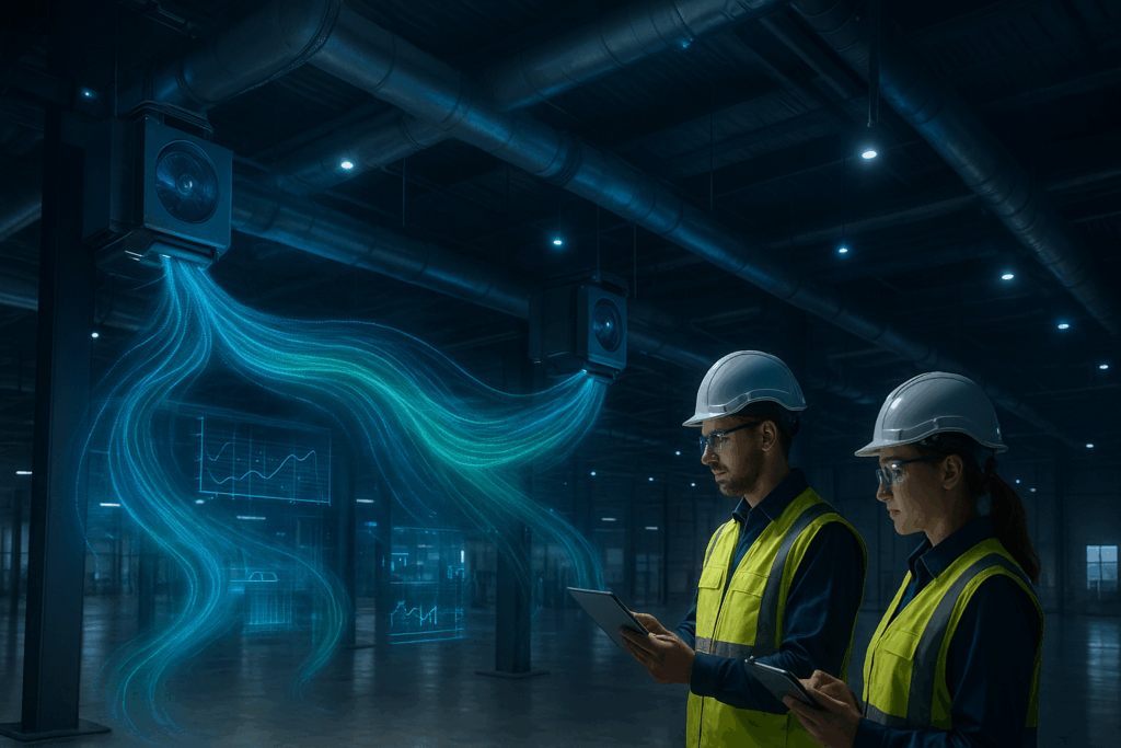 Interior de almacén industrial moderno con sistema HVAC inteligente y hologramas de flujo de aire en tiempo real.