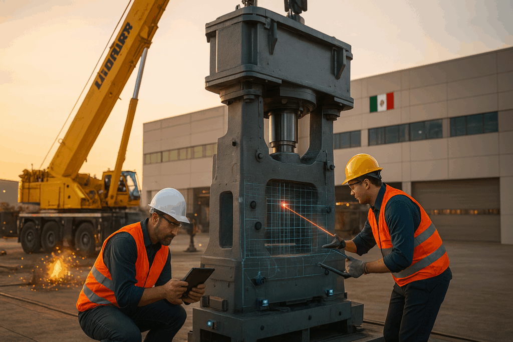 Montaje de equipos mecánicos pesados con alineación láser en planta industrial México 2025