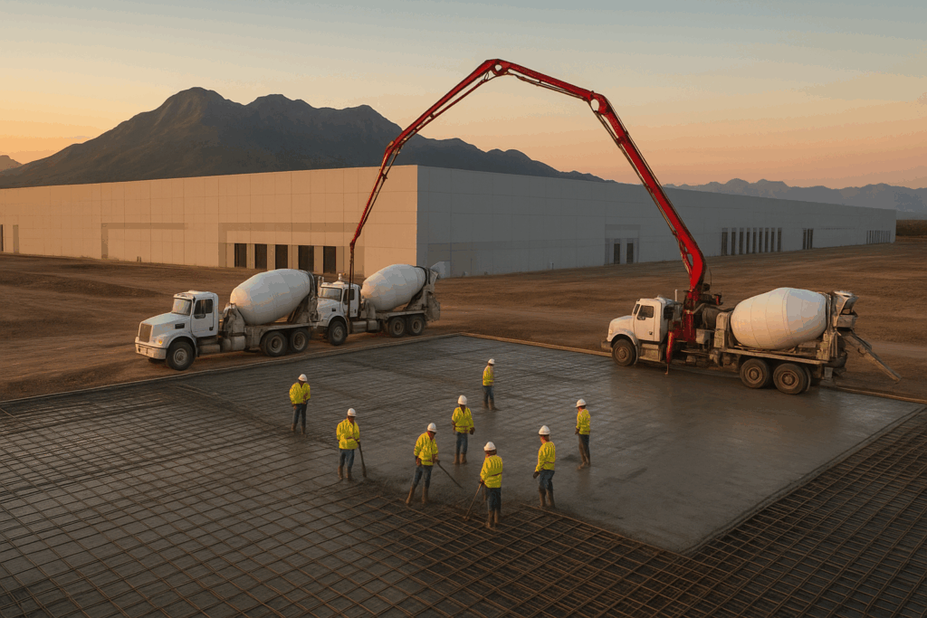 Vista aérea de colado de cimentación para nave industrial clase A en Monterrey, mostrando control de calidad y equipamiento profesional durante proceso constructivo.