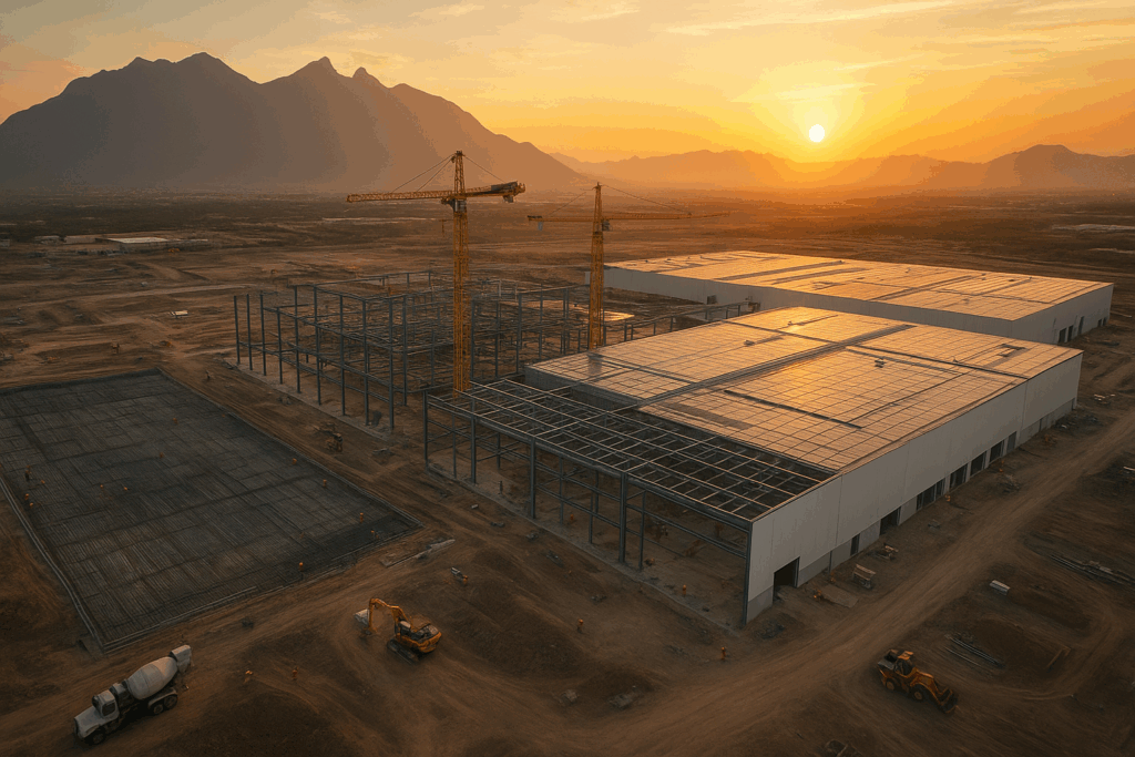Vista aérea construcción proyecto llave en mano nave industrial 10,000 m2 mostrando fases simultáneas desde cimentación hasta instalación panel solar con grúas y trabajadores en Monterrey México