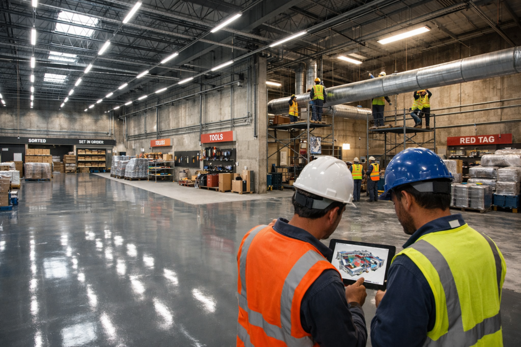 Nave industrial en Monterrey durante transformación integral mostrando pisos epóxicos nuevos, instalación eléctrica industrial NOM-001-SEDE, iluminación LED NOM-025-STPS y organización 5S Lean Construction en sitio de obra