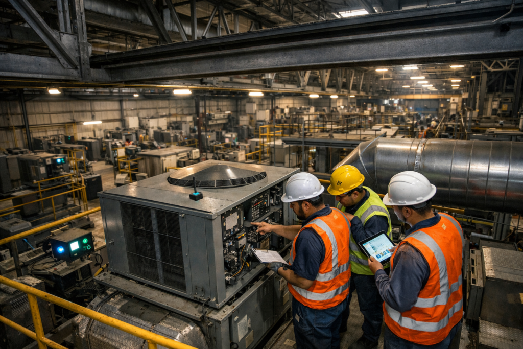 Mantenimiento industrial programado en planta manufacturera de Monterrey con sensores IoT y sistemas HVAC en inspección durante shutdown enero 2025