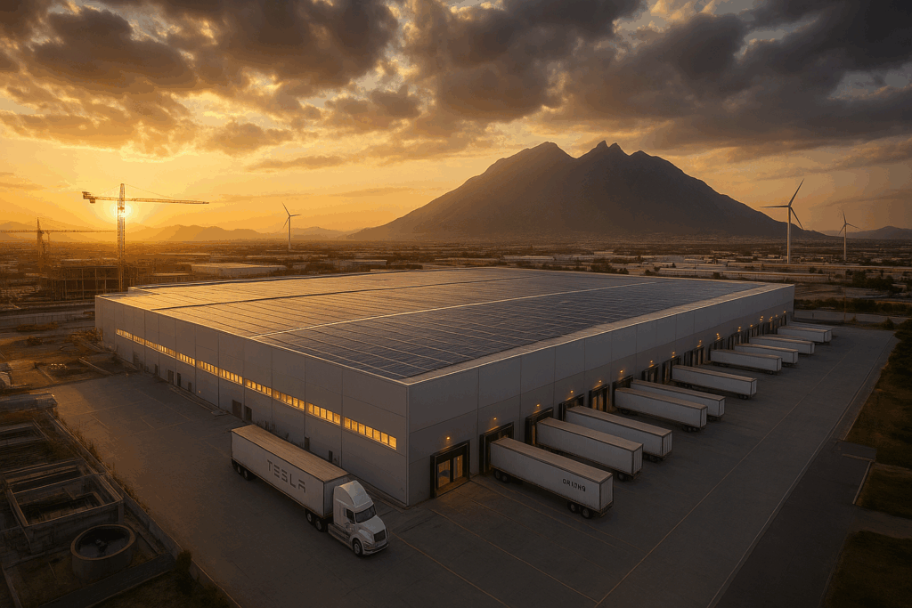 Planta industrial sustentable con paneles solares y sistema de tratamiento de agua en parque industrial Monterrey