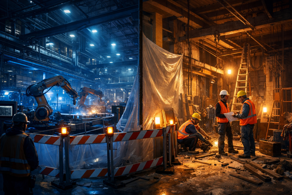 Planta industrial en Monterrey durante remodelación nocturna con línea de producción activa y zona de obra separada por barreras de seguridad