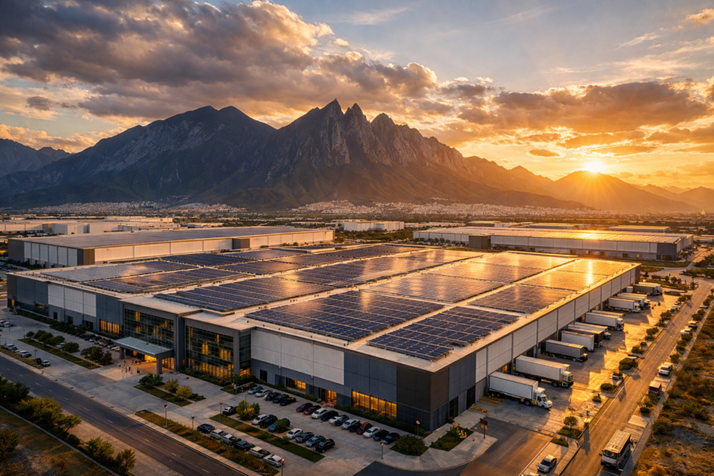 Nave industrial clase A con certificación LEED en Monterrey, Nuevo León, mostrando paneles solares y arquitectura sustentable moderna