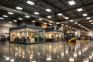 Interior de nave industrial con pisos epóxicos, iluminación LED y oficinas modulares en proyecto llave en mano en Nuevo León México