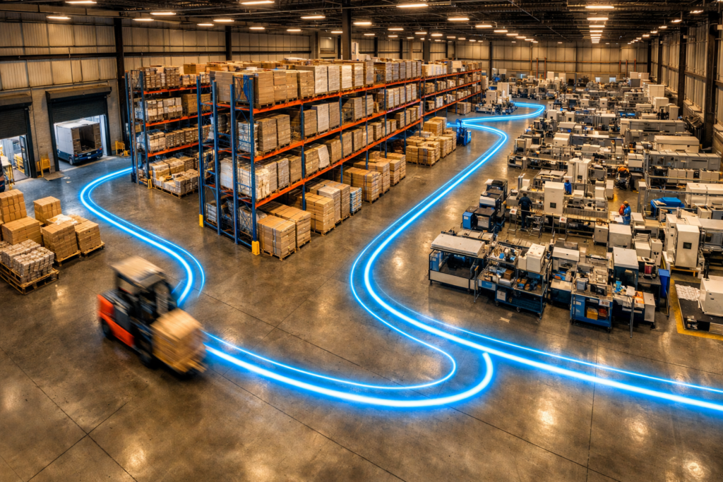 Planta industrial con layout optimizado mostrando flujo de materiales desde descarga hasta producción, diseño Sedetec México