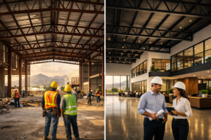 Vista de nave industrial en proceso de remodelación mostrando estructura metálica y trabajadores de construcción en parque industrial de Nuevo León