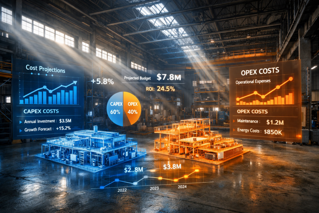 Visualización comparativa de costos TCO en planta industrial moderna mostrando diferencia entre construcción tradicional y metodología BIM optimizada