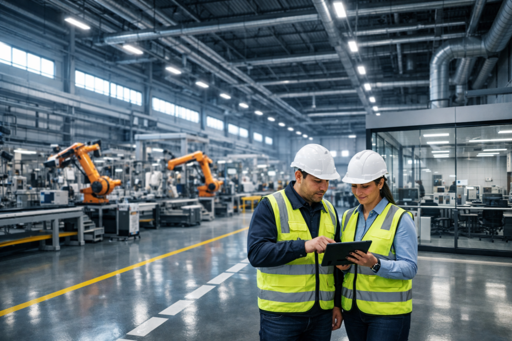 Interior de nave industrial Clase A en Monterrey adaptada para nearshoring con robótica, pisos epóxicos y zona de control de calidad — Sedetec construcción llave en mano