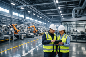 Interior de nave industrial Clase A en Monterrey adaptada para nearshoring con robótica, pisos epóxicos y zona de control de calidad — Sedetec construcción llave en mano