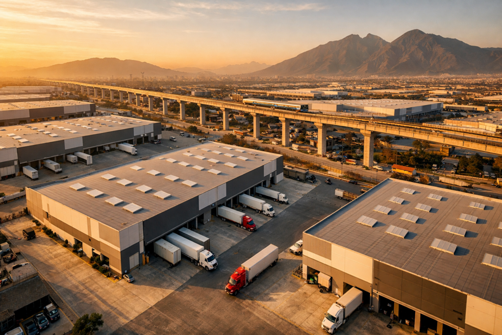 Nave industrial Clase A en construcción en Nuevo León con corredor de metro Línea 6 al fondo
