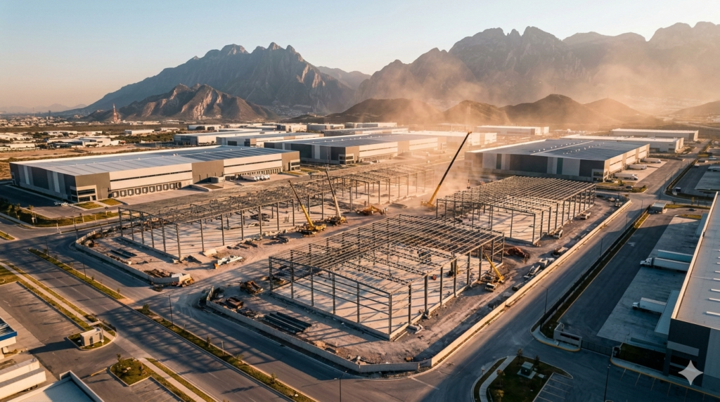 Construcción de naves industriales clase A en Nuevo León con vista aérea de parque industrial