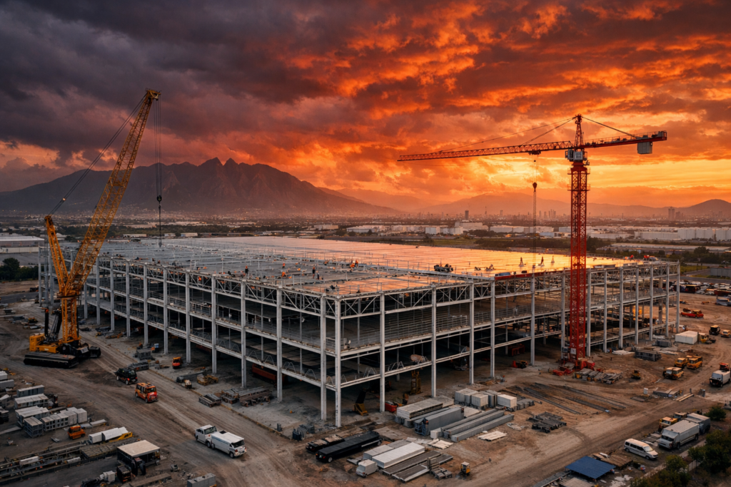 Nave industrial en construcción en Monterrey con materiales afectados por conflicto en Irán