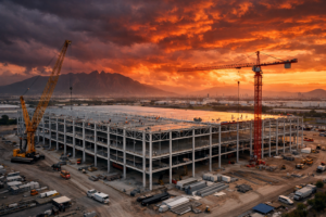 Nave industrial en construcción en Monterrey con materiales afectados por conflicto en Irán