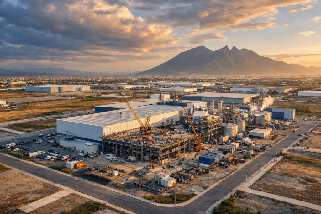 Planta industrial activa en Monterrey con construcción en proceso y parque industrial parcialmente vacío al fondo