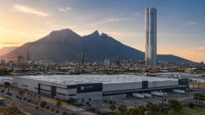 Torre Rise sobre el skyline de Monterrey con nave industrial Clase A en primer plano, símbolo de la construcción vertical Monterrey y su impacto industrial