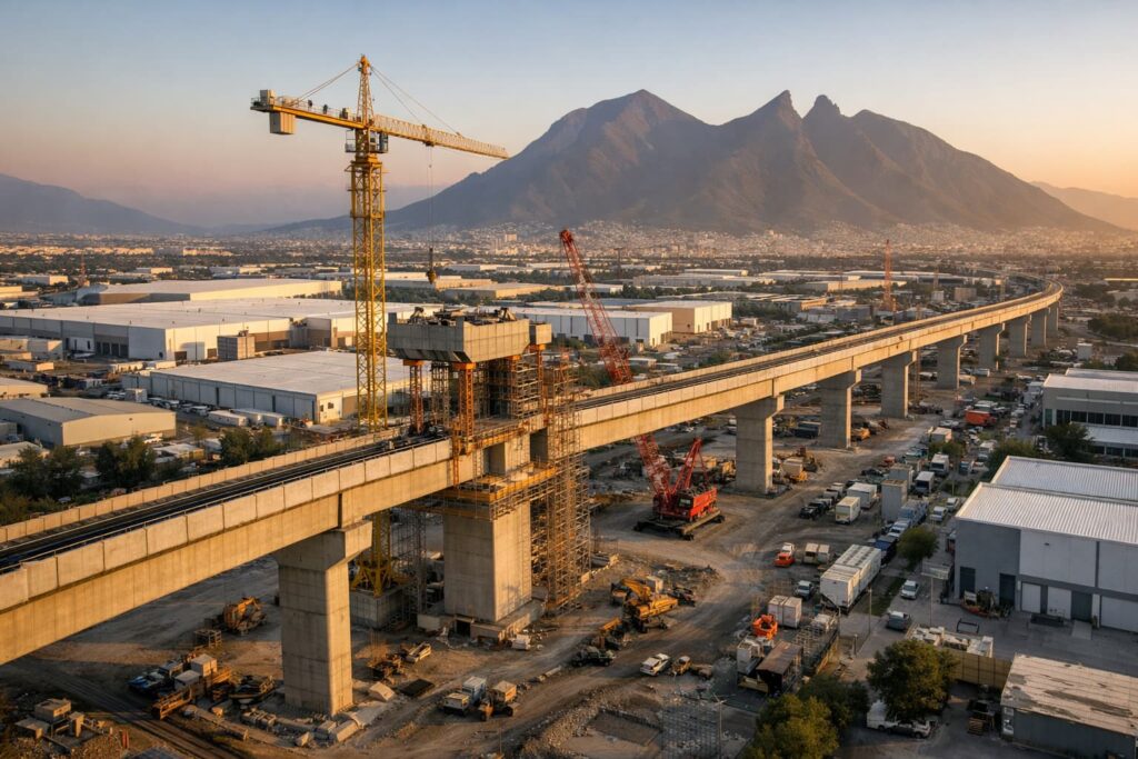 Vista aérea del viaducto del metro de Monterrey sobre zona industrial con naves Clase A al fondo y grúas de construcción activas