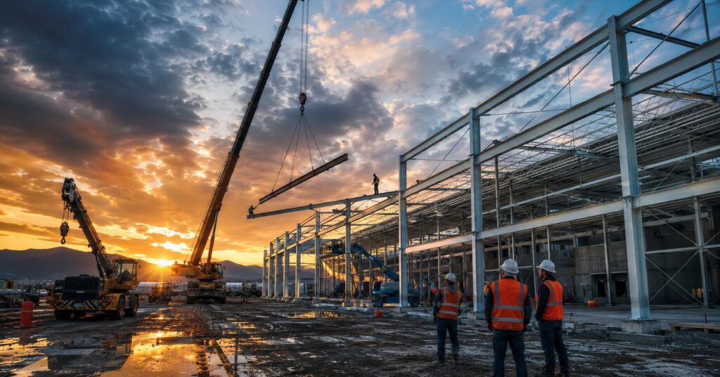 Obra en construcción de nave industrial clase A en Monterrey con estructura metálica, contexto T-MEC 2026 y nearshoring.