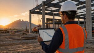 Obra de nave industrial en Monterrey con gerente revisando el avance de obra real en una tablet