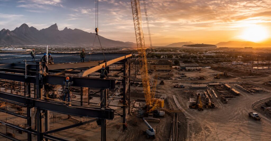 Nave industrial clase A en construcción en Monterrey con grúa de montaje y silueta del Estadio BBVA al fondo, contexto Mundial FIFA 2026