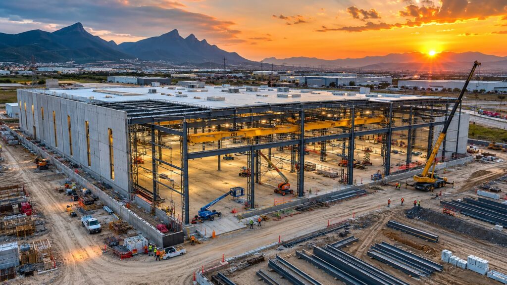 Nave industrial Clase A en construcción en corredor Ramos Arizpe-Monterrey con estructura metálica y sistema HVAC industrial