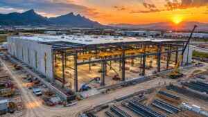Nave industrial Clase A en construcción en corredor Ramos Arizpe-Monterrey con estructura metálica y sistema HVAC industrial